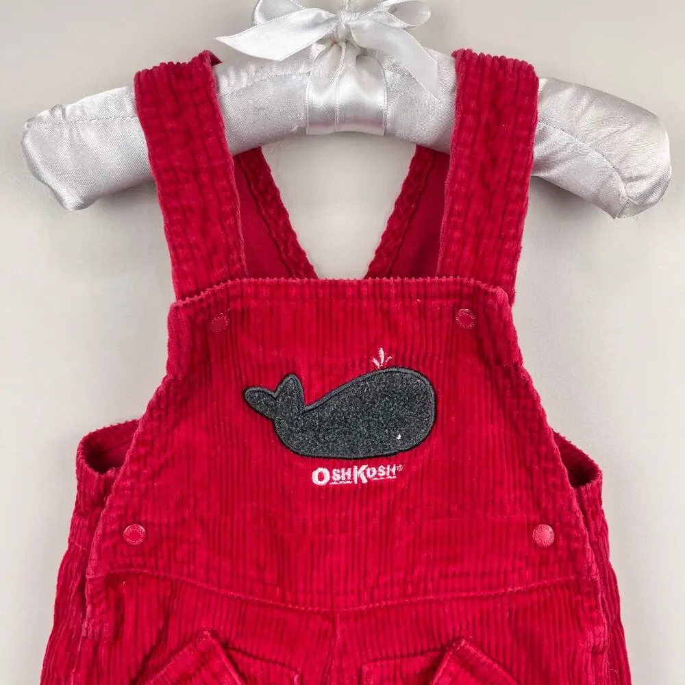 Vintage OshKosh B'gosh Red Corduroy Applique Whale Overalls 3-6 Months
